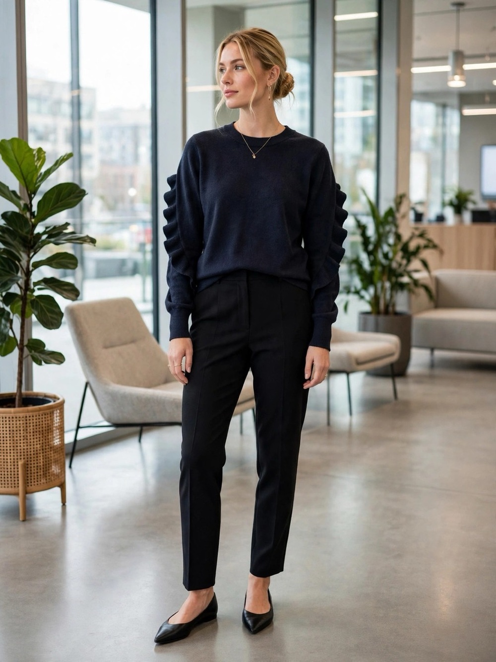 Joe Fresh Navy Crewneck Sweater Ruffled Sleeve Detail Office Workwear Knit | S